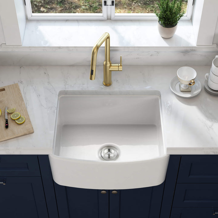 Nova 24" Curved Apron Front Single Bowl Fireclay Farmhouse Kitchen Sink