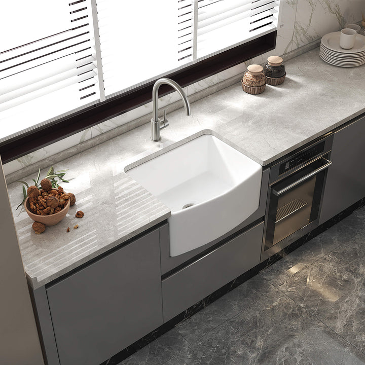 Nova 24" Curved Apron Front Single Bowl Fireclay Farmhouse Kitchen Sink