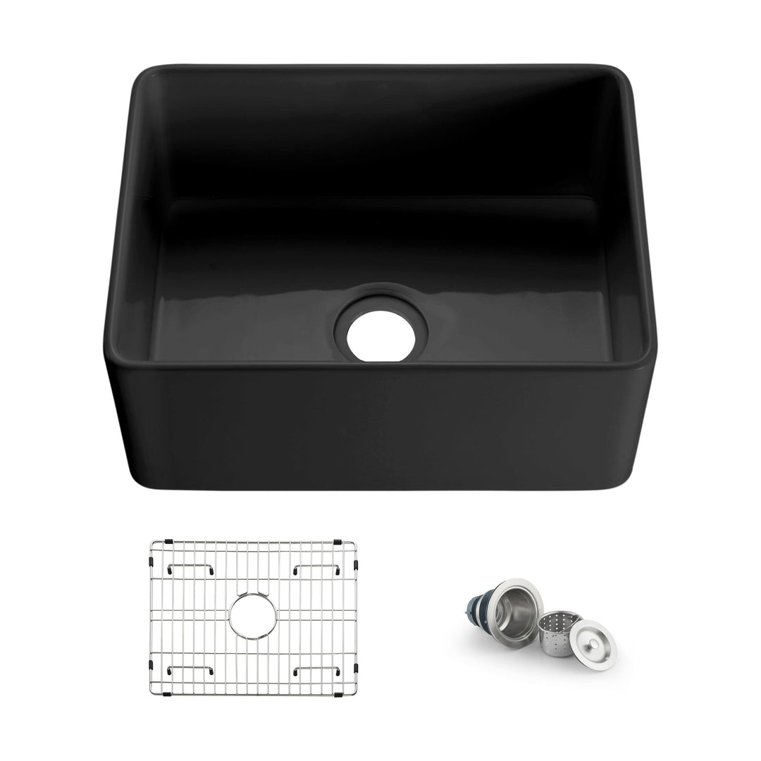 Nova 24" Single Bowl Fireclay Farmhouse Kitchen Sink in Matte Black | ANVE Kitchen & Bath
