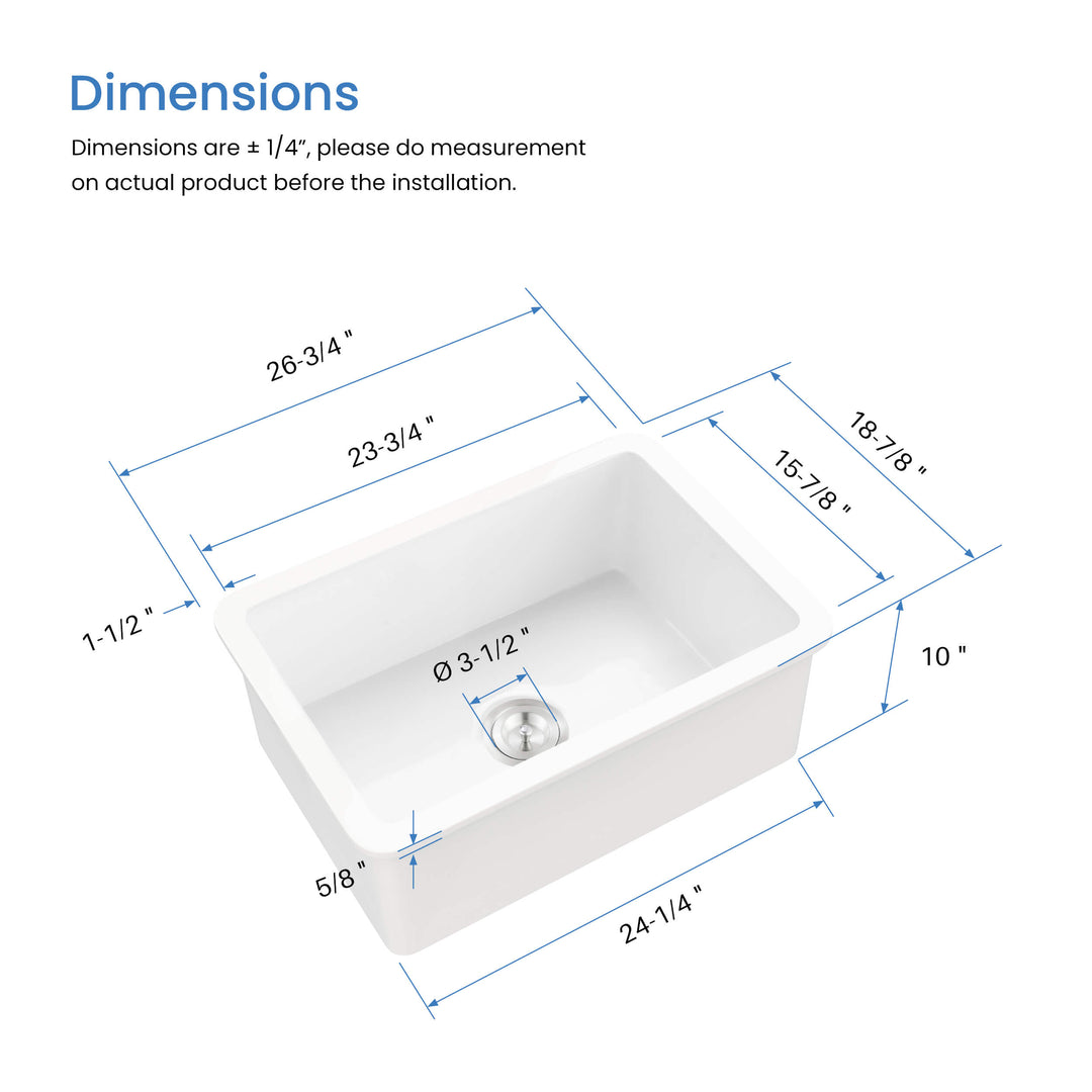 Nova 27" Single Bowl Drop-In/Undermount Fireclay Kitchen Sink