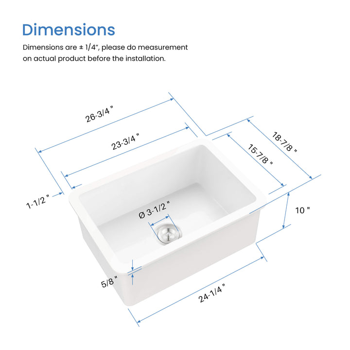 Nova 27" Single Bowl Drop-In/Undermount Fireclay Kitchen Sink