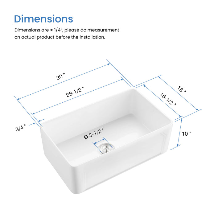 Nova 30" Reversible Single Bowl Fireclay Farmhouse Kitchen Sink
