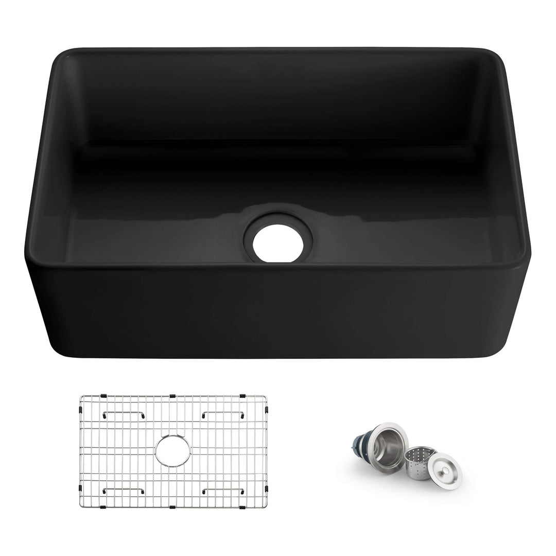 Nova 30" Single Bowl Fireclay Farmhouse Kitchen Sink in Matte Black | ANVE Kitchen & Bath