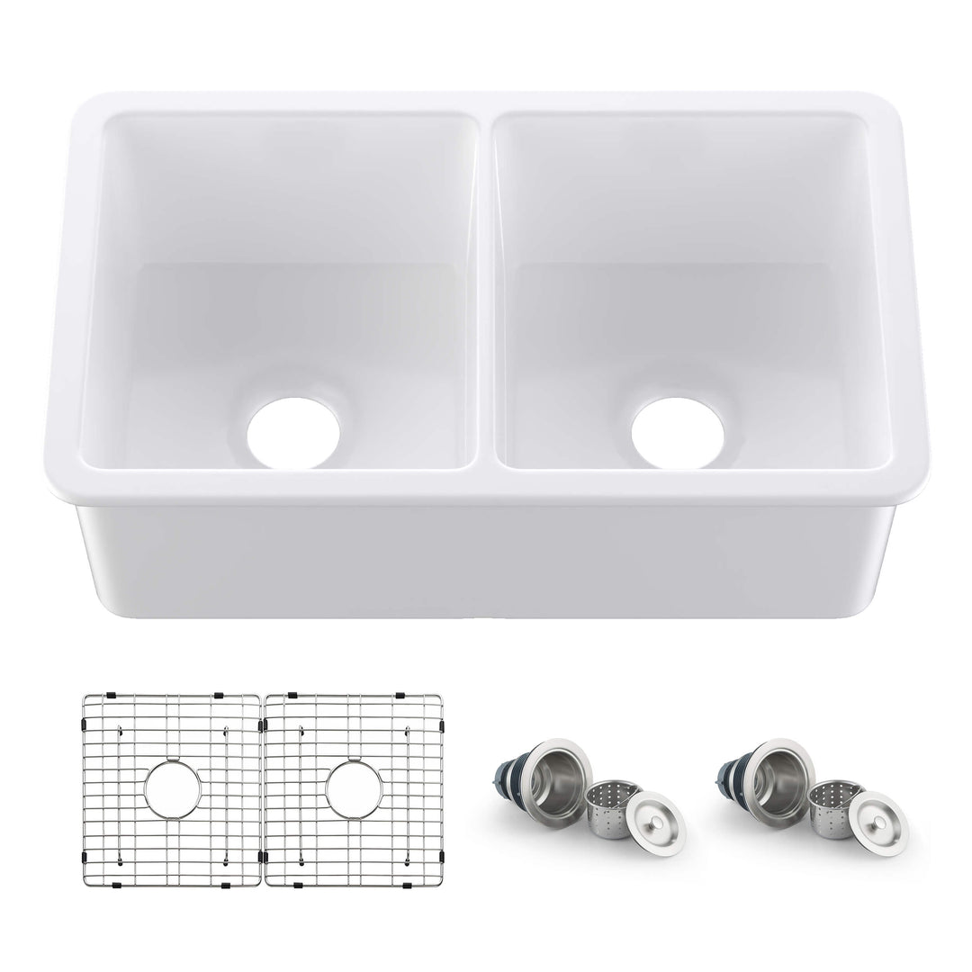 32" Double Bowl Drop-In/Undermount Fireclay Kitchen Sink | ANVE Kitchen & Bath