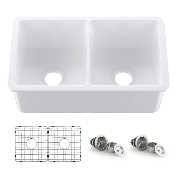 32" Double Bowl Drop-In/Undermount Fireclay Kitchen Sink | ANVE Kitchen &amp; Bath