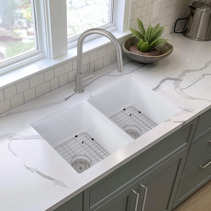 32" Double Bowl Drop-In/Undermount Fireclay Kitchen Sink