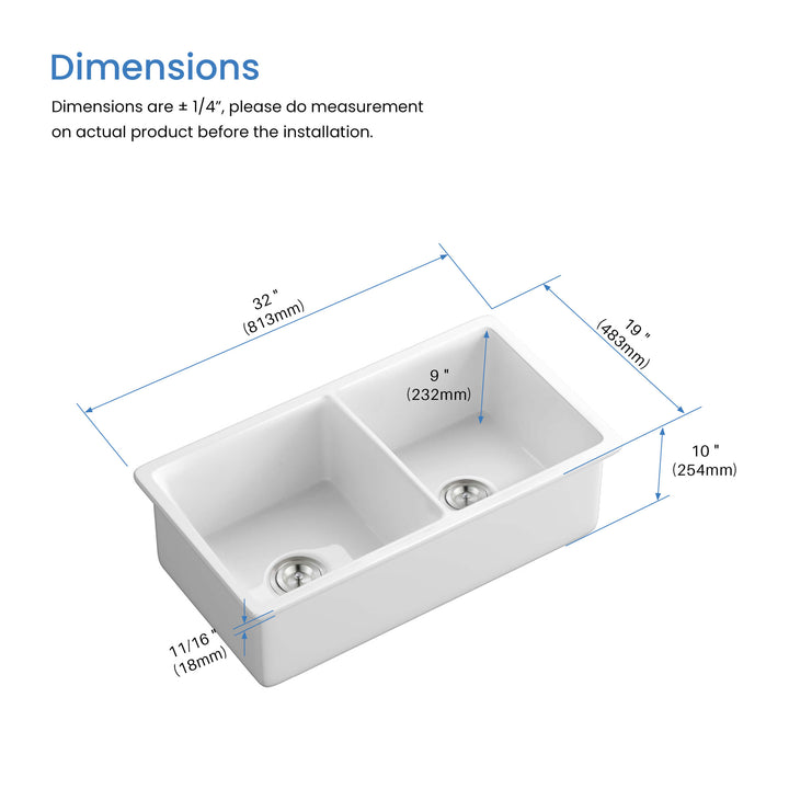 32" Double Bowl Drop-In/Undermount Fireclay Kitchen Sink