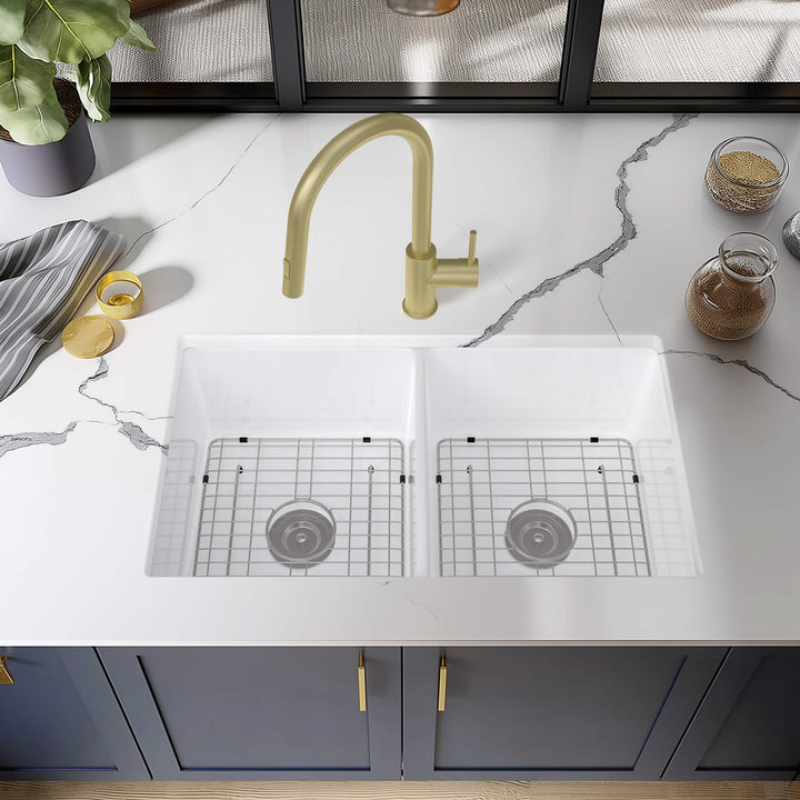 32" Double Bowl Drop-In/Undermount Fireclay Kitchen Sink