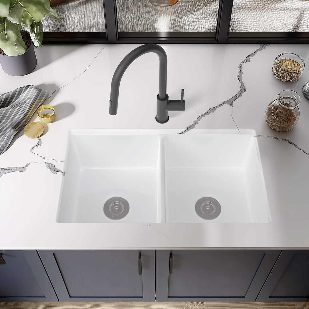 32" Double Bowl Drop-In/Undermount Fireclay Kitchen Sink