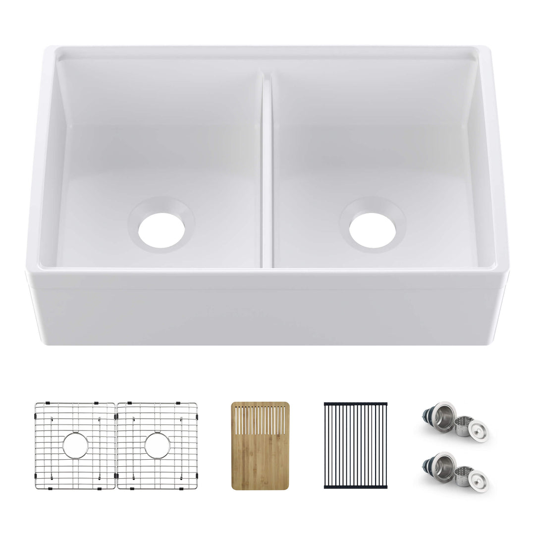 33" Double Bowl Fireclay Farmhouse Workstation Kitchen Sink | ANVE Kitchen & Bath
