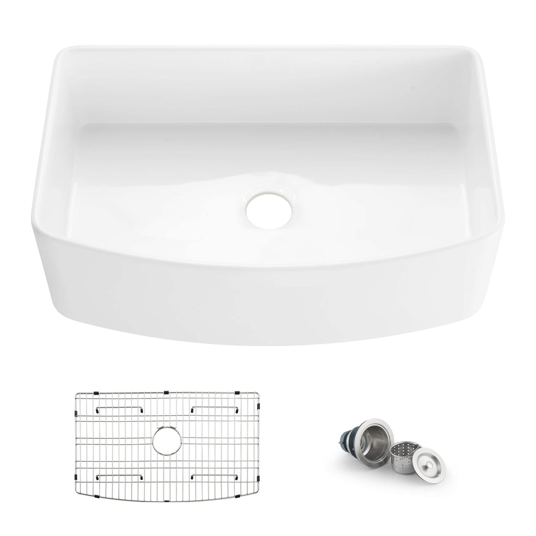Nova 33" Curved Apron Front Fireclay Farmhouse Kitchen Sink | ANVE Kitchen & Bath