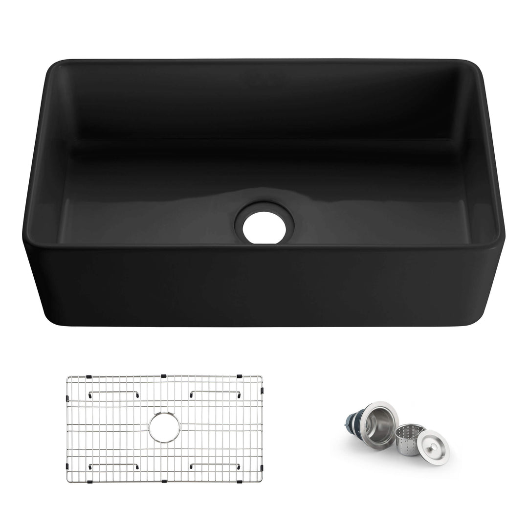 Nova 33" Single Bowl Fireclay Farmhouse Kitchen Sink in Matte Black | ANVE Kitchen & Bath