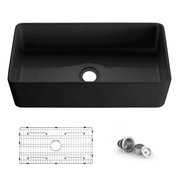 Nova 36" Single Bowl Fireclay Farmhouse Kitchen Sink in Matte Black | ANVE Kitchen &amp; Bath