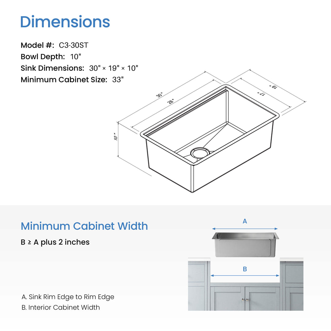 30" Undermount Single Bowl 316 Marine Grade Stainless Steel Workstation Kitchen Sink