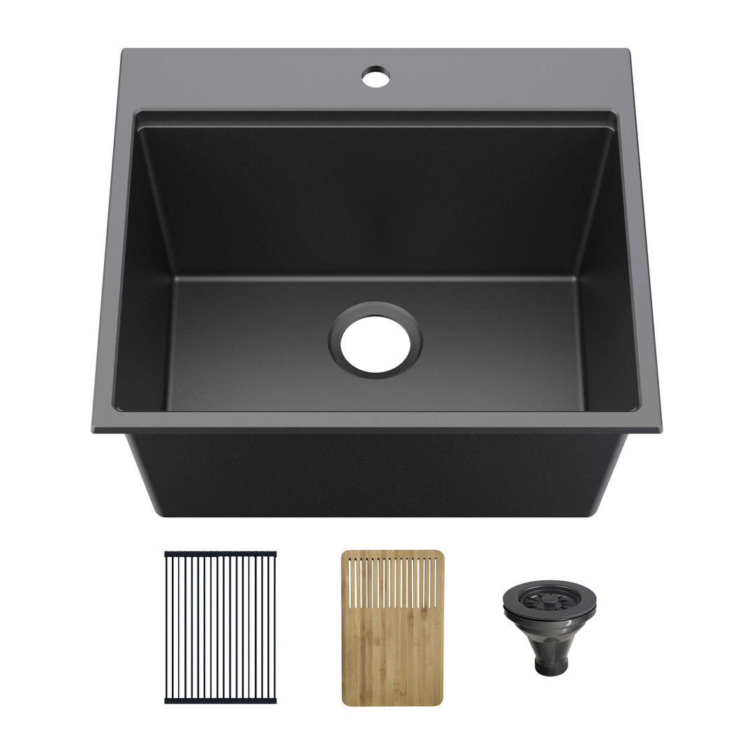25" Top-Mount Single Bowl Quartz Workstation Kitchen Sink | ANVE Kitchen & Bath