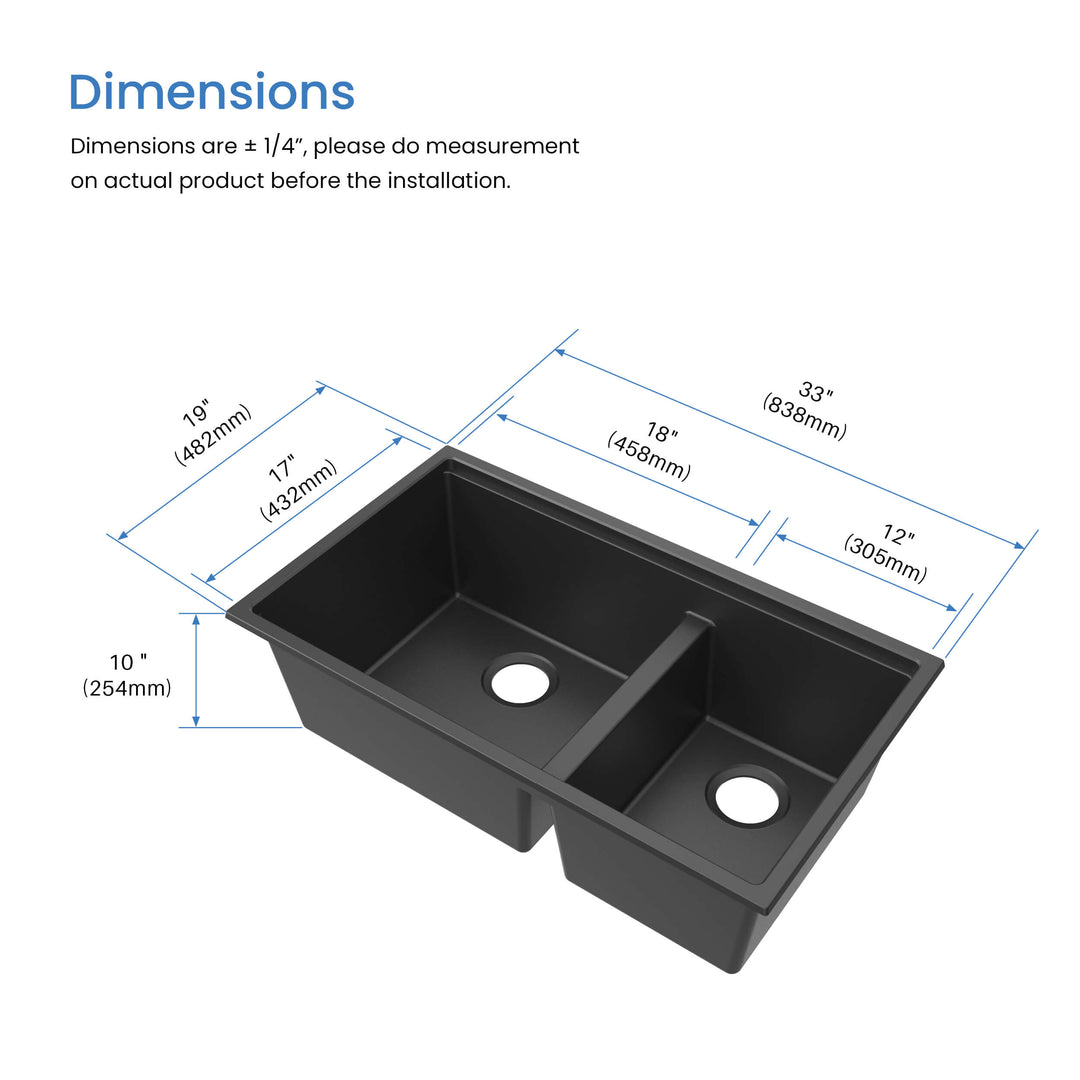 33" Undermount Double Bowl Quartz Workstation Kitchen Sink