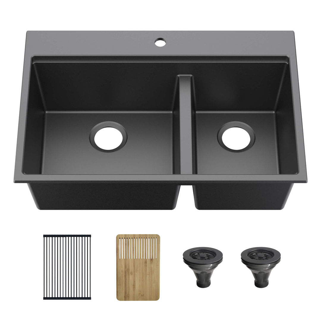 33" Top-Mount Double Bowl Quartz Workstation Kitchen Sink | ANVE Kitchen & Bath