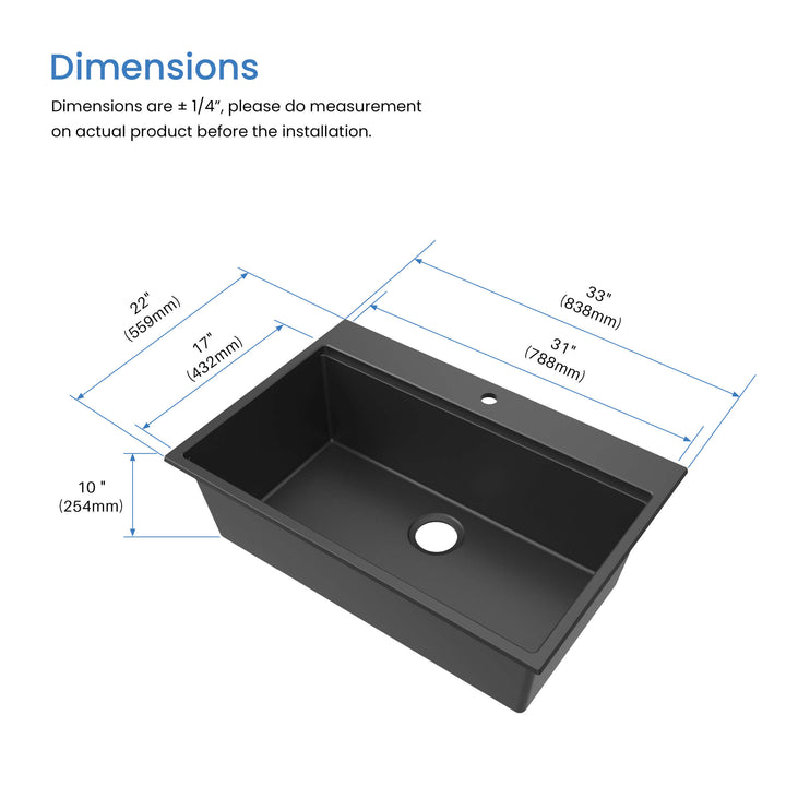 33" Top-Mount Single Bowl Quartz Workstation Kitchen Sink