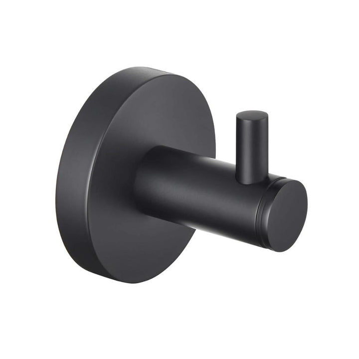 The Halo Robe Hook is a black, modern wall-mounted hook featuring a circular base and a short cylindrical peg for hanging items.