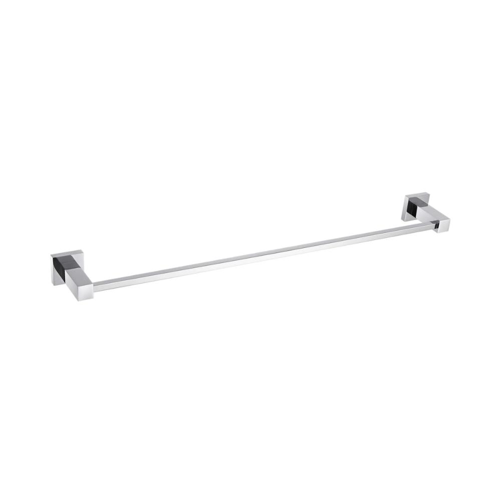 The Quadra Bathroom Towel Bar, a modern wall-mounted design in chrome, features square mounting brackets on each end and is displayed isolated on a white background.