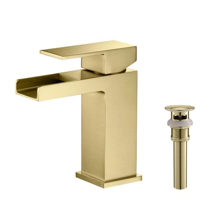 Quadra Waterfall Single Handle Bathroom Vanity Sink Faucet Brush Gold