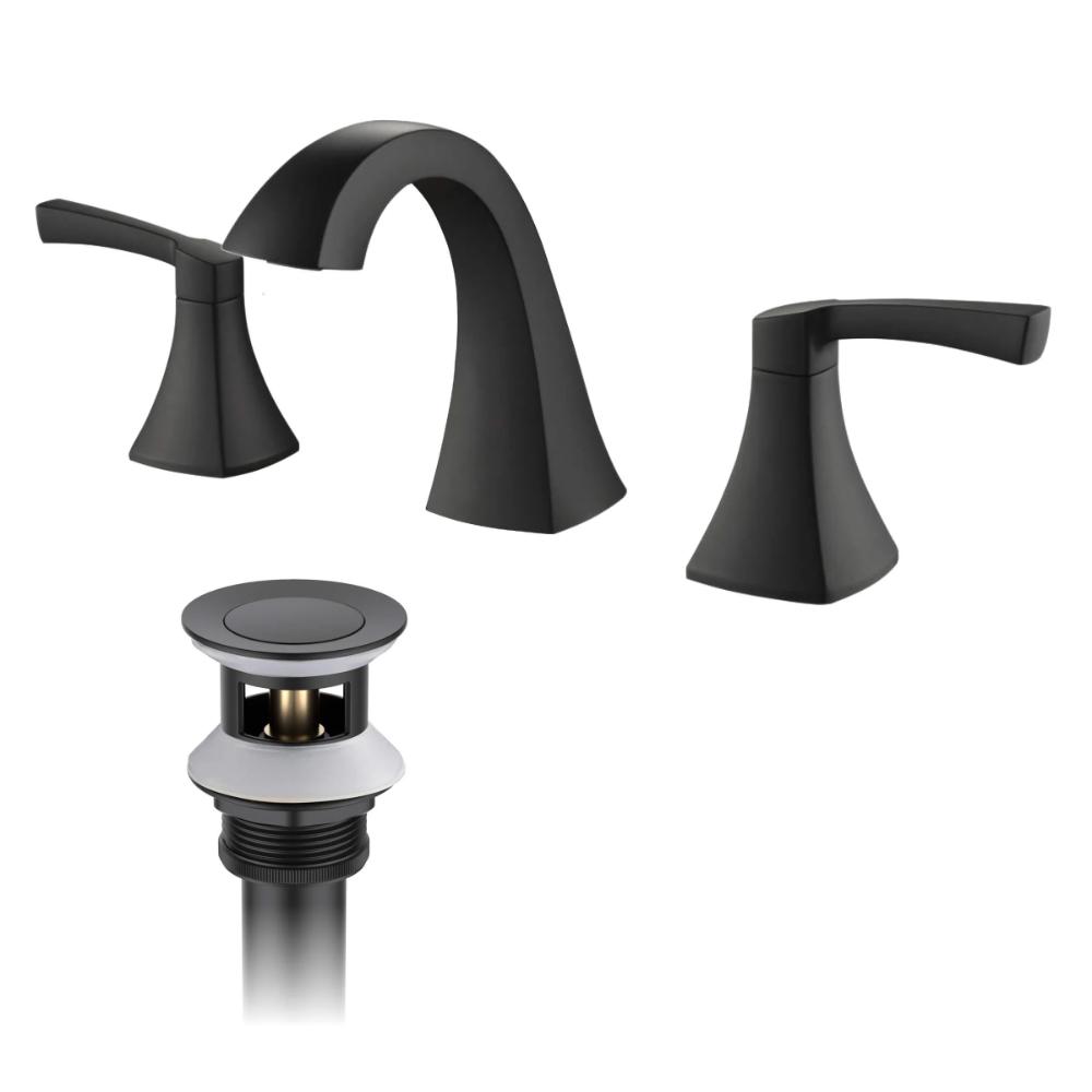 The Vermont 8 Inch Widespread Bathroom Sink Faucet showcases a matte black finish, curved spout, two matching lever handles, and a pop-up drain assembly, all elegantly displayed on a white background.