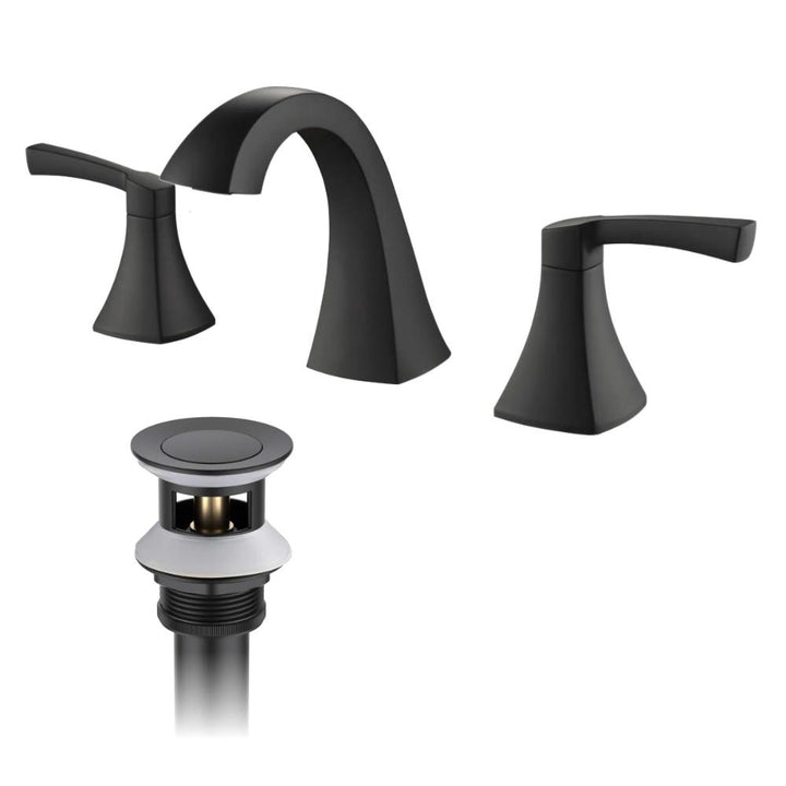 The Vermont 8 Inch Widespread Bathroom Sink Faucet showcases a matte black finish, curved spout, two matching lever handles, and a pop-up drain assembly, all elegantly displayed on a white background.