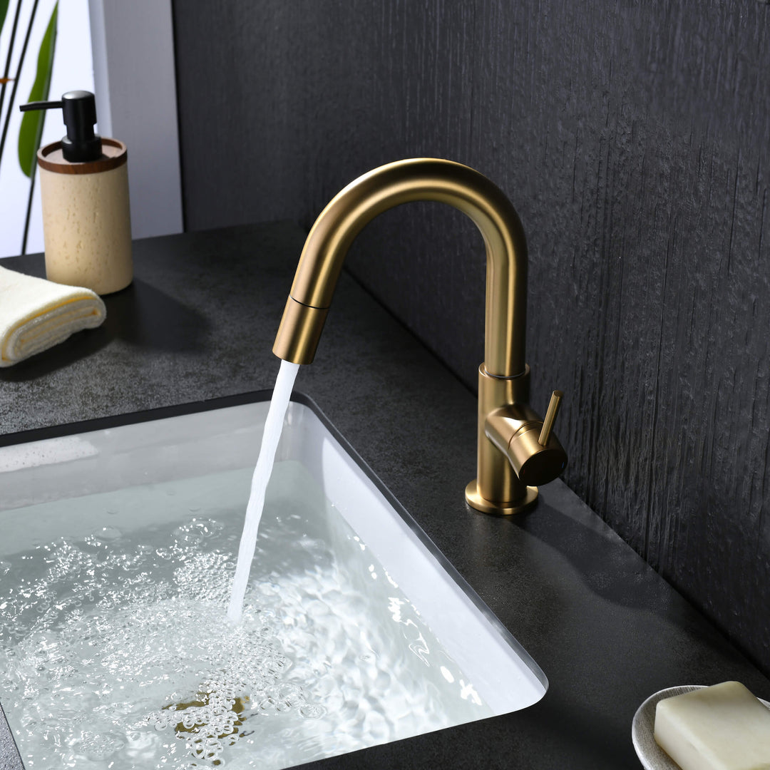 Halo Single-Handle Single-Hole High-Arc Pull-Down Sprayer Bathroom Faucet