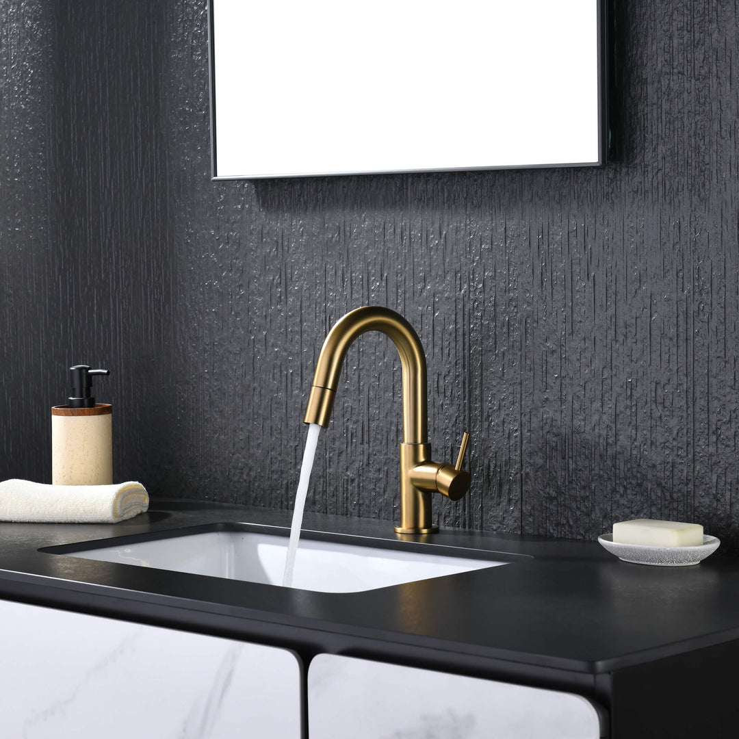 Halo Single-Handle Single-Hole High-Arc Pull-Down Sprayer Bathroom Faucet