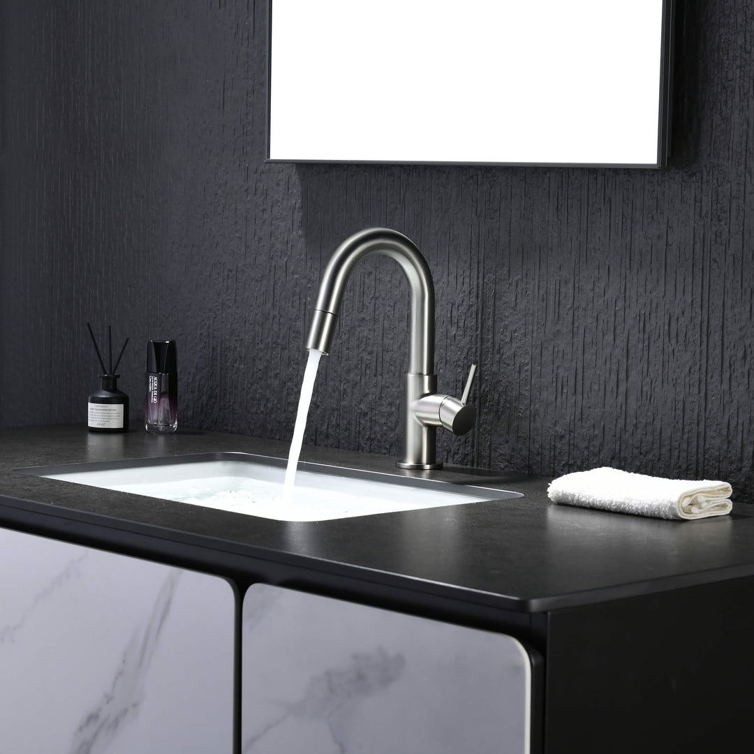 Halo Single-Handle Single-Hole High-Arc Pull-Down Sprayer Bathroom Faucet