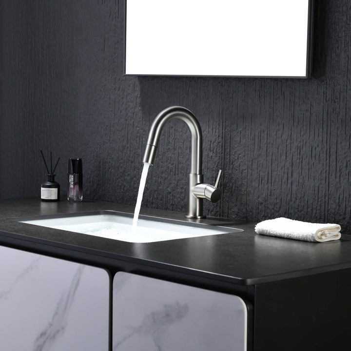 Halo Single-Handle Single-Hole High-Arc Pull-Down Sprayer Bathroom Faucet