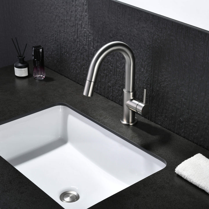 Halo Single-Handle Single-Hole High-Arc Pull-Down Sprayer Bathroom Faucet