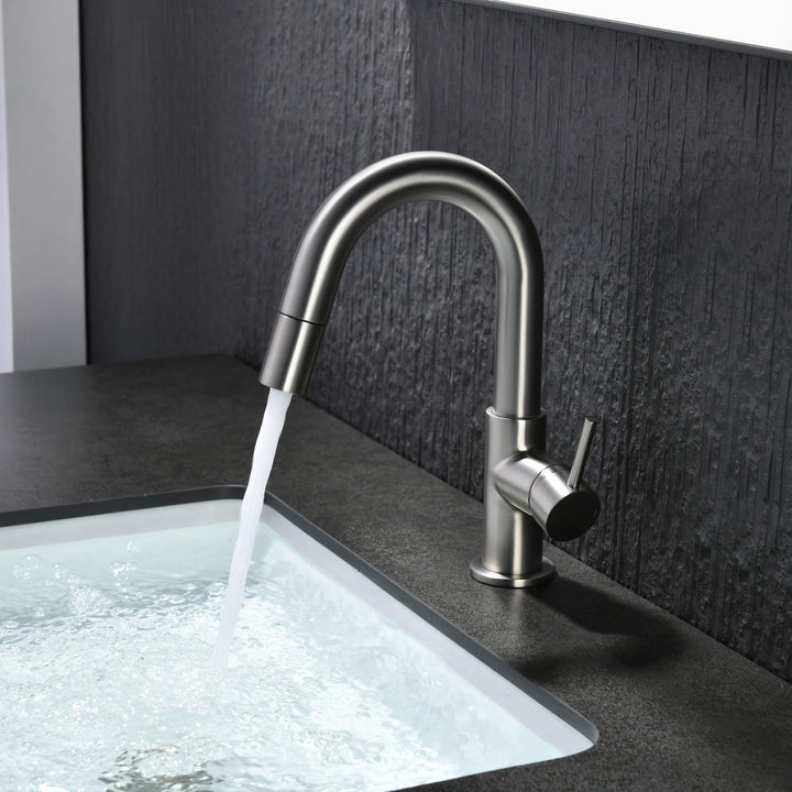 Halo Single-Handle Single-Hole High-Arc Pull-Down Sprayer Bathroom Faucet