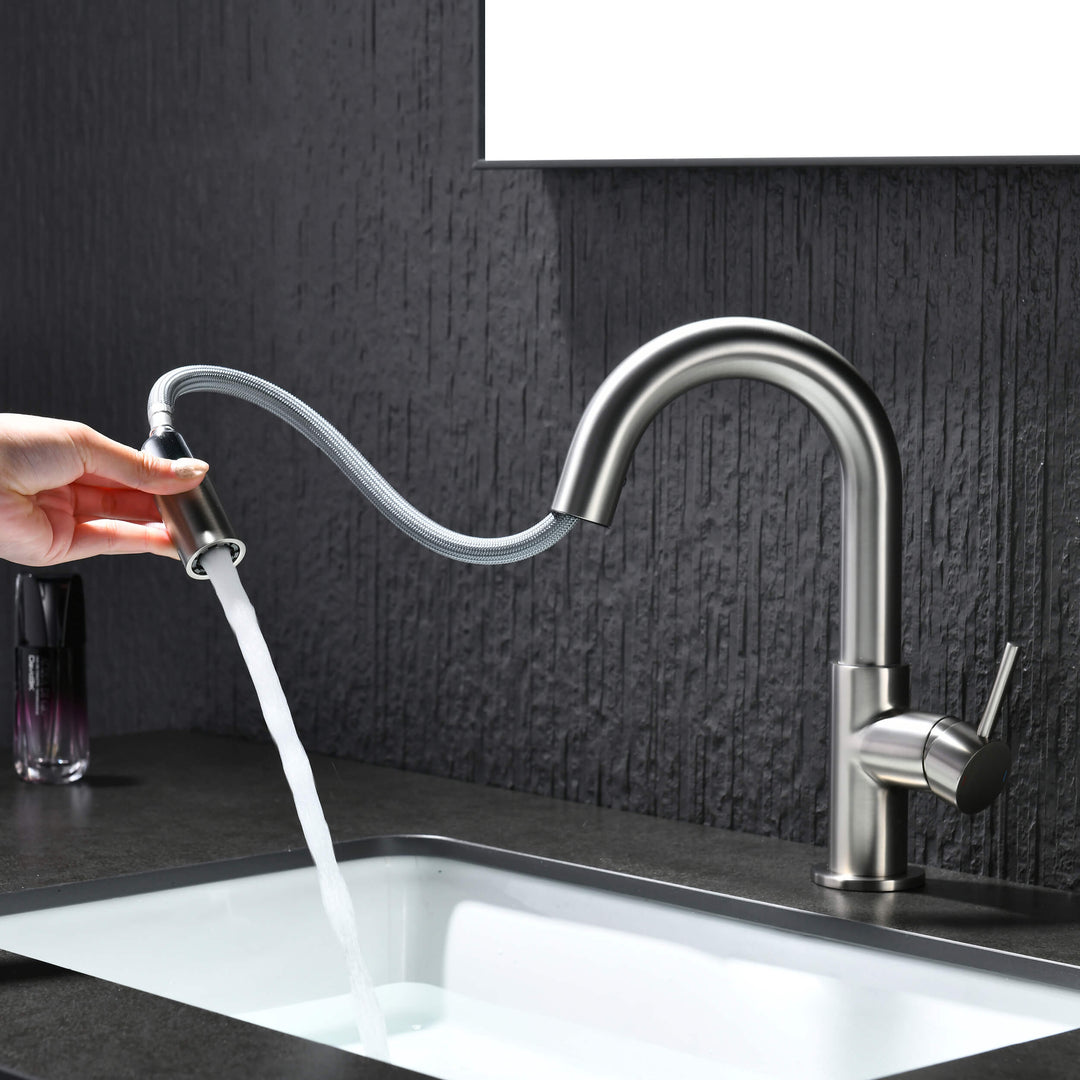 Halo Single-Handle Single-Hole High-Arc Pull-Down Sprayer Bathroom Faucet