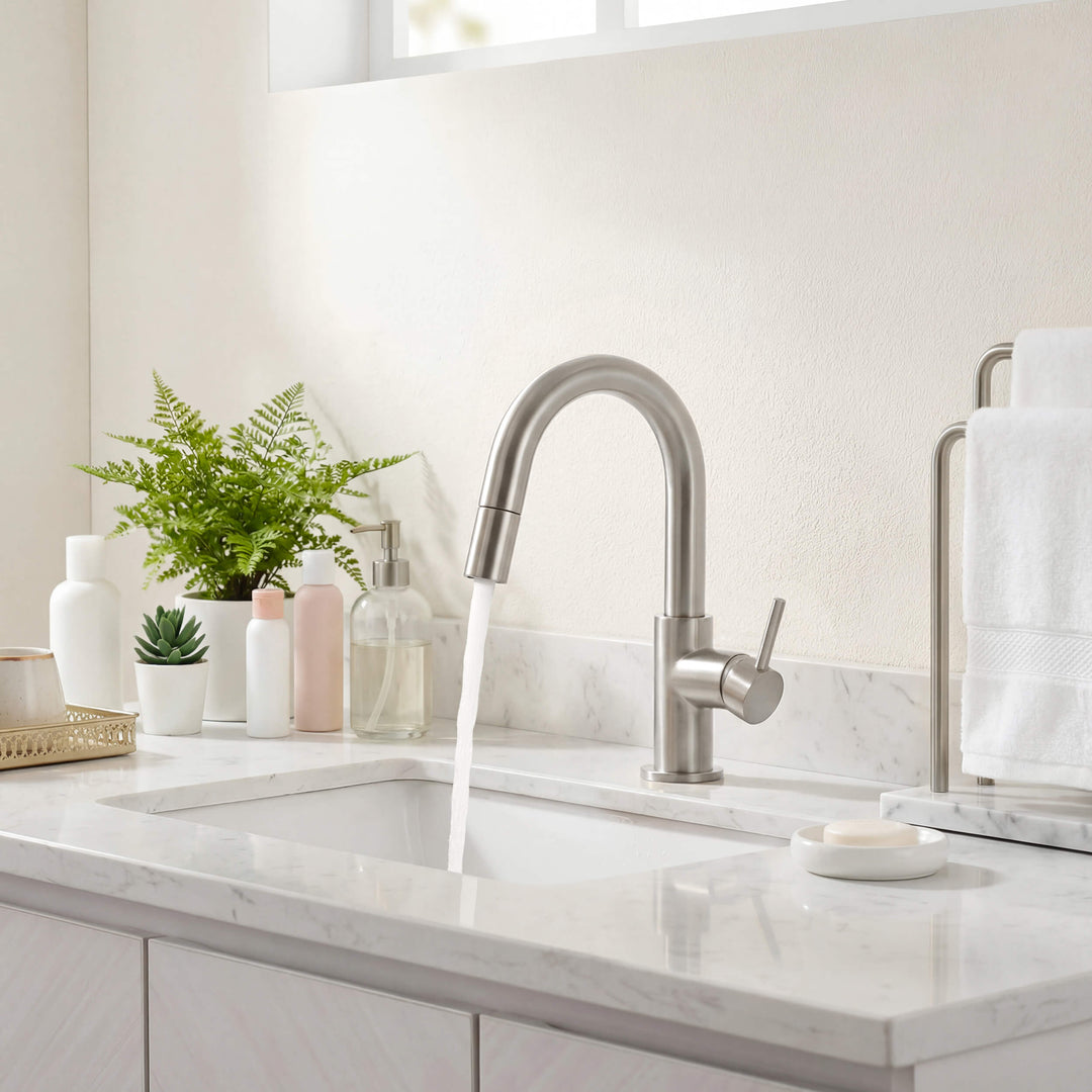 Halo Single-Handle Single-Hole High-Arc Pull-Down Sprayer Bathroom Faucet