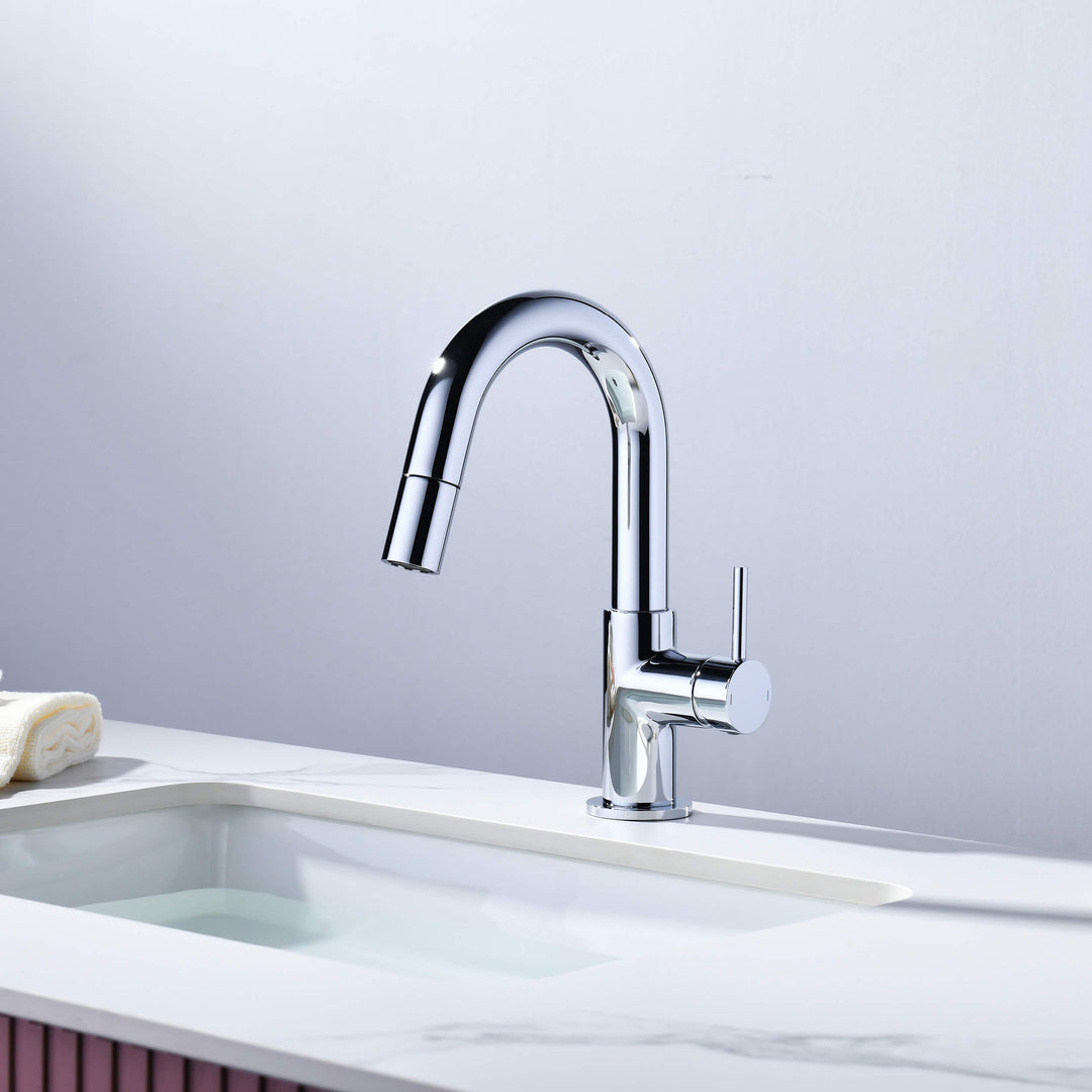 Halo Single-Handle Single-Hole High-Arc Pull-Down Sprayer Bathroom Faucet
