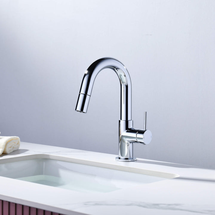 Halo Single-Handle Single-Hole High-Arc Pull-Down Sprayer Bathroom Faucet