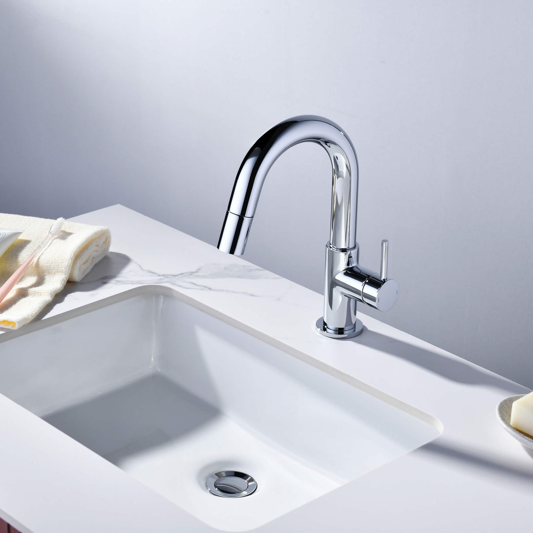 Halo Single-Handle Single-Hole High-Arc Pull-Down Sprayer Bathroom Faucet