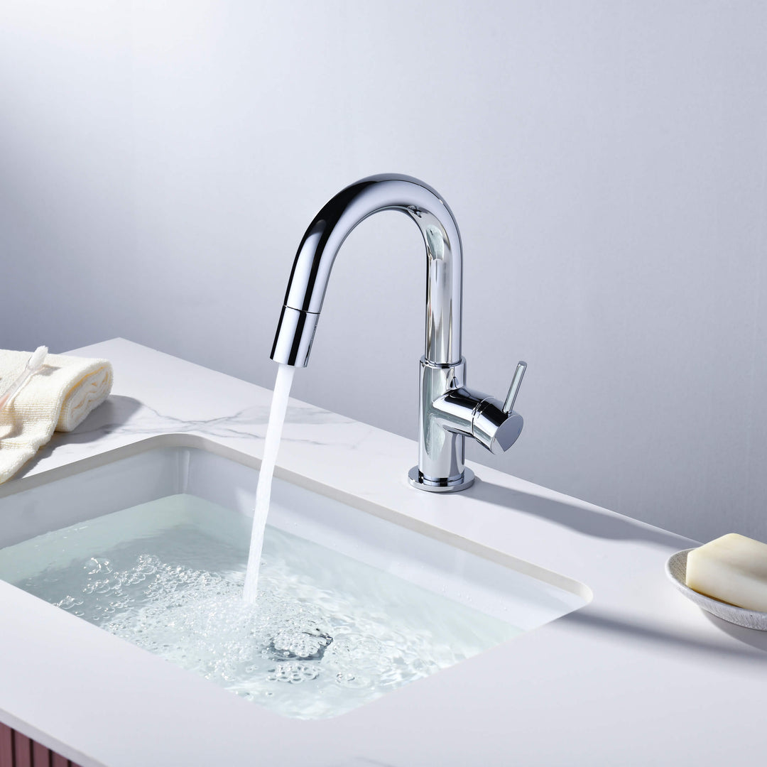 Halo Single-Handle Single-Hole High-Arc Pull-Down Sprayer Bathroom Faucet