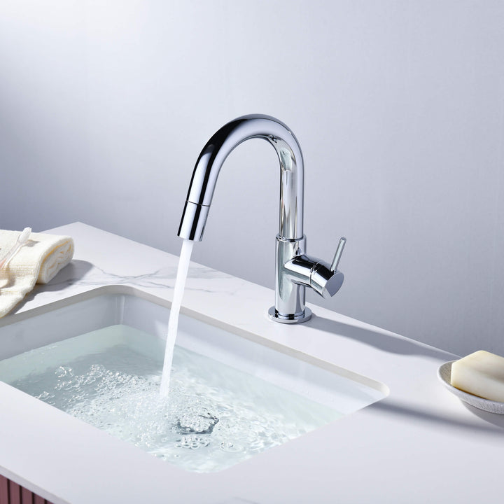 Halo Single-Handle Single-Hole High-Arc Pull-Down Sprayer Bathroom Faucet