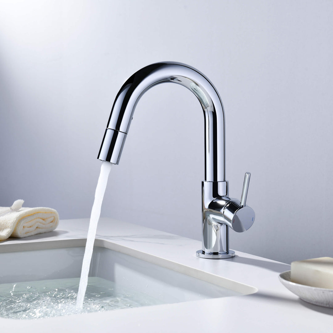 Halo Single-Handle Single-Hole High-Arc Pull-Down Sprayer Bathroom Faucet