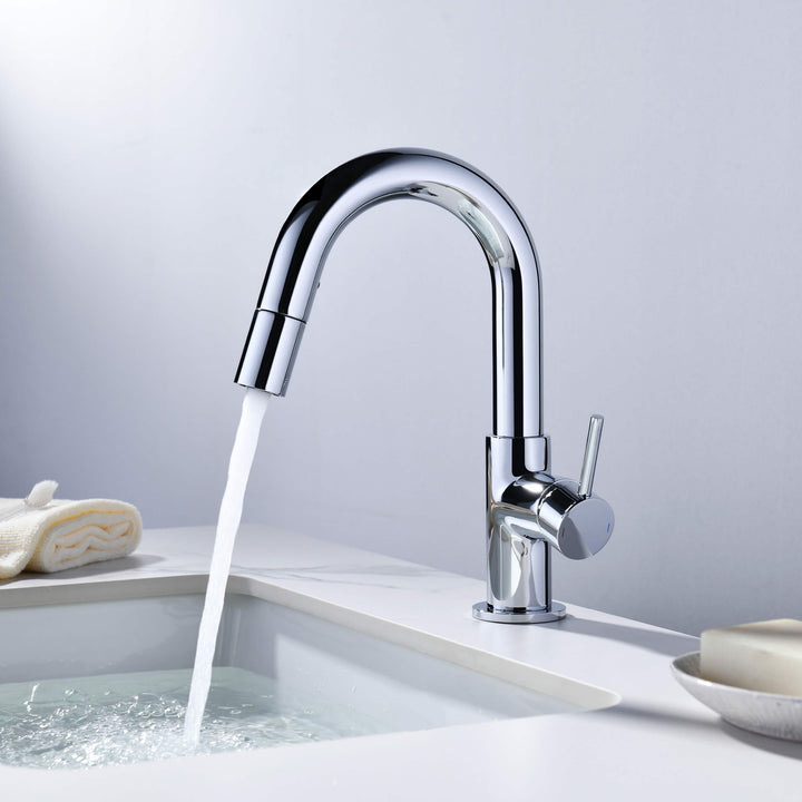 Halo Single-Handle Single-Hole High-Arc Pull-Down Sprayer Bathroom Faucet