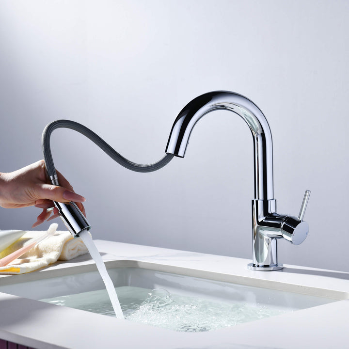 Halo Single-Handle Single-Hole High-Arc Pull-Down Sprayer Bathroom Faucet