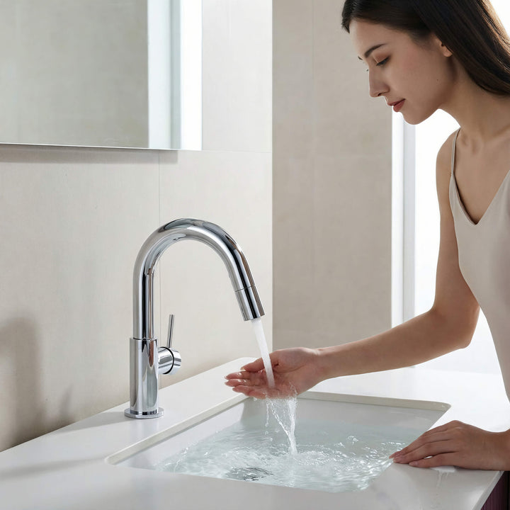Halo Single-Handle Single-Hole High-Arc Pull-Down Sprayer Bathroom Faucet