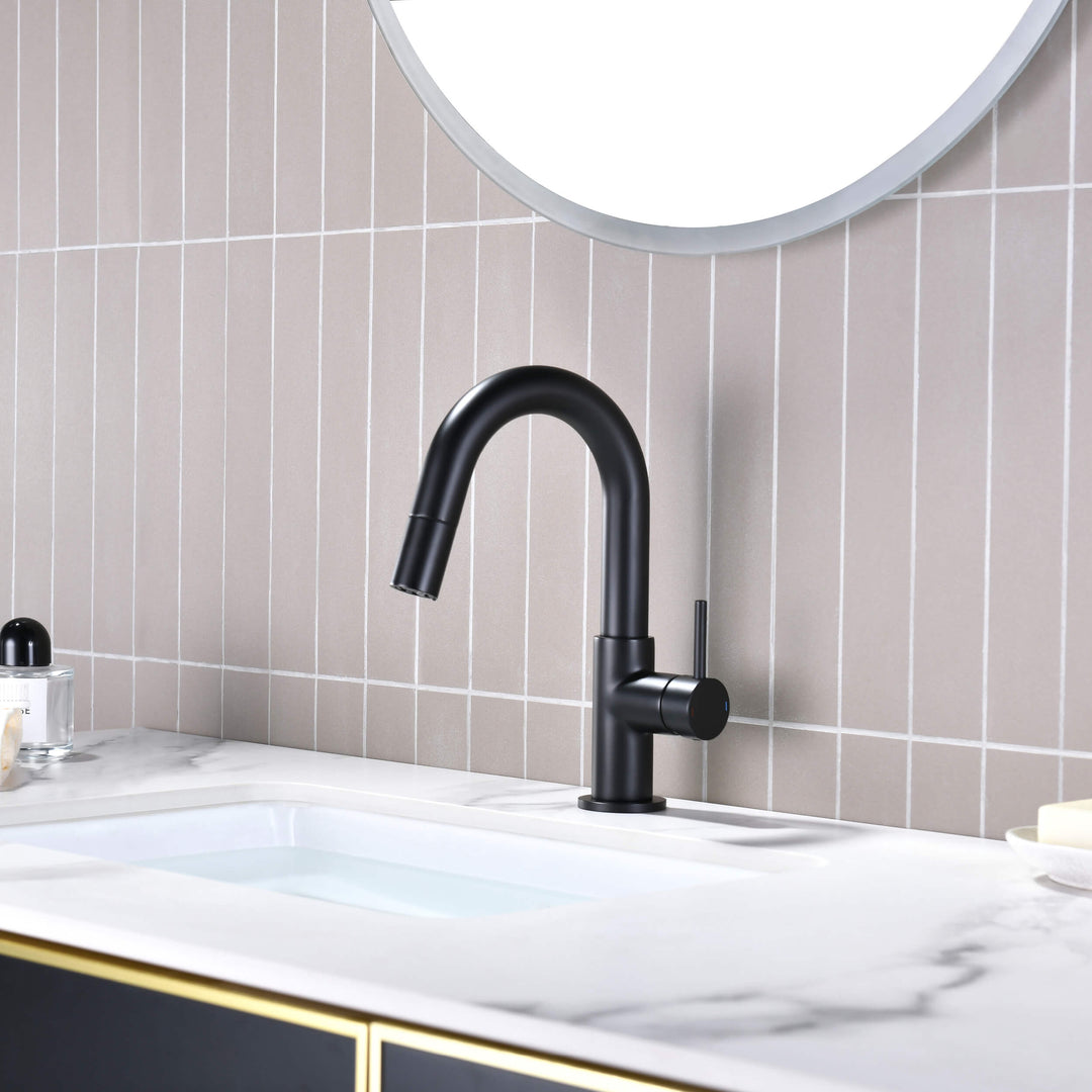 Halo Single-Handle Single-Hole High-Arc Pull-Down Sprayer Bathroom Faucet