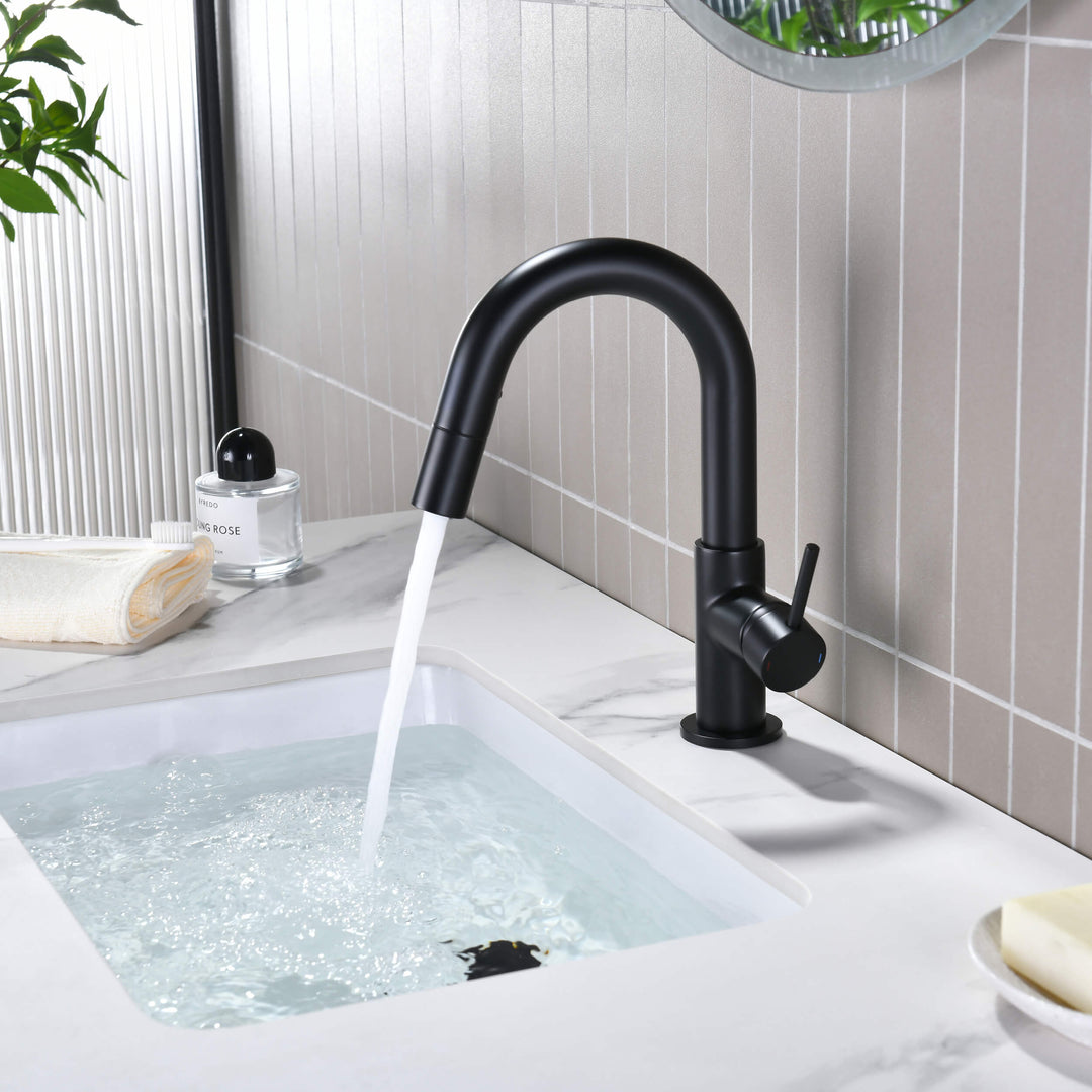Halo Single-Handle Single-Hole High-Arc Pull-Down Sprayer Bathroom Faucet
