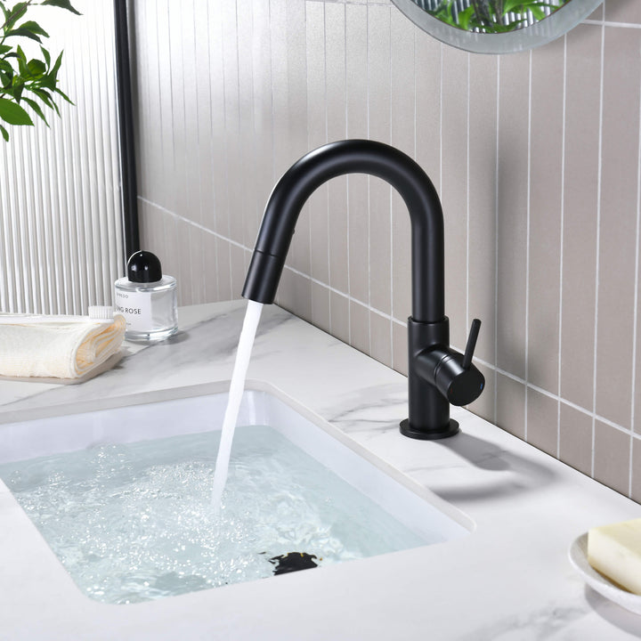 Halo Single-Handle Single-Hole High-Arc Pull-Down Sprayer Bathroom Faucet