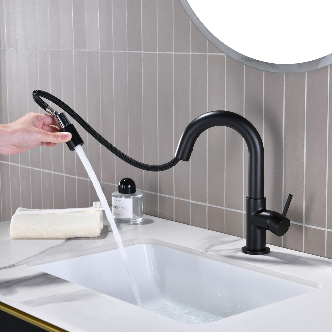 Halo Single-Handle Single-Hole High-Arc Pull-Down Sprayer Bathroom Faucet