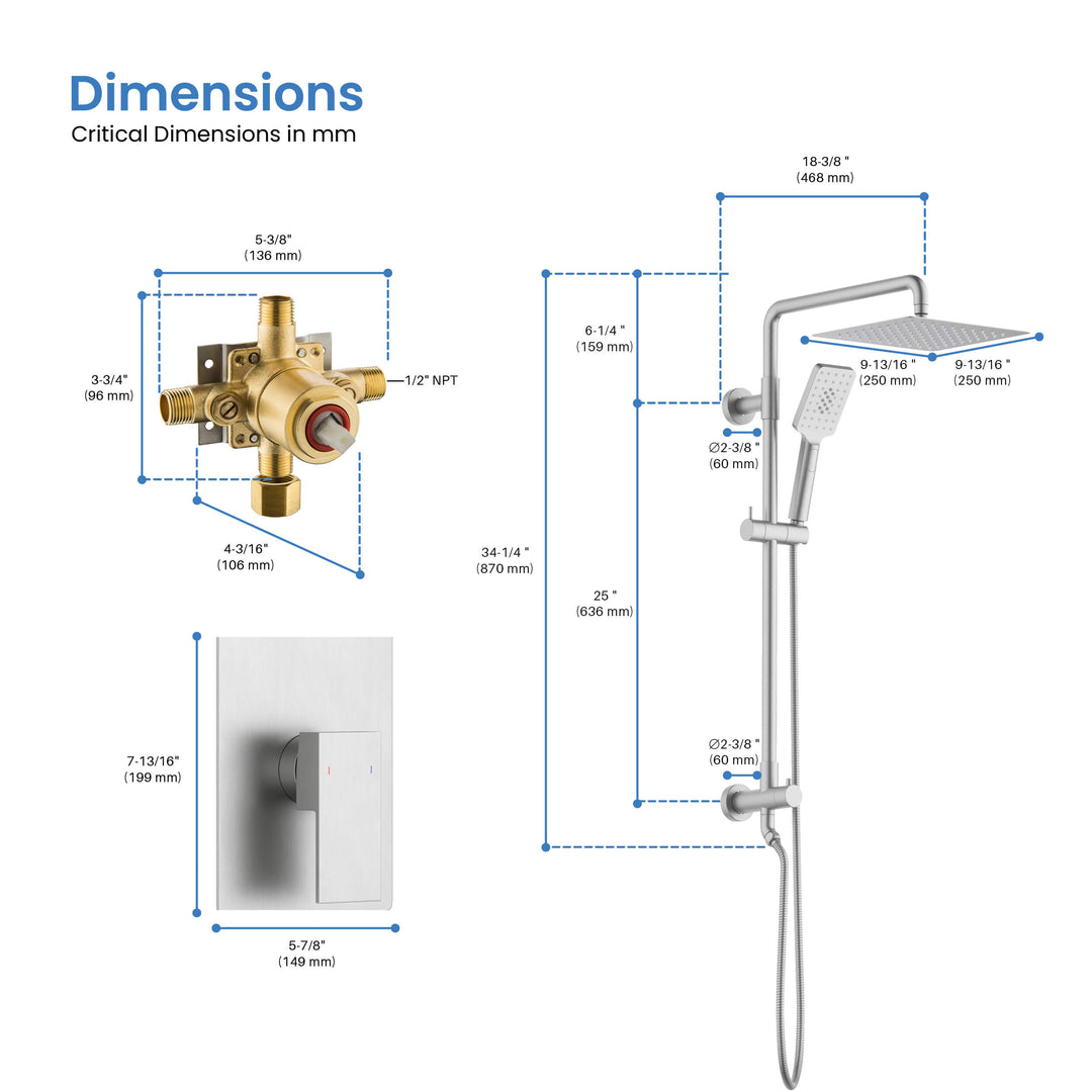 Quadra Pressure-Balanced 2-Function Wall Mount Shower Column with Rough-In Valve