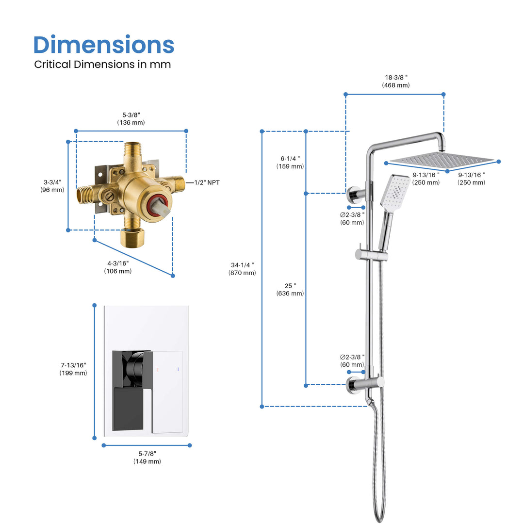 Quadra Pressure-Balanced 2-Function Wall Mount Shower Column with Rough-In Valve